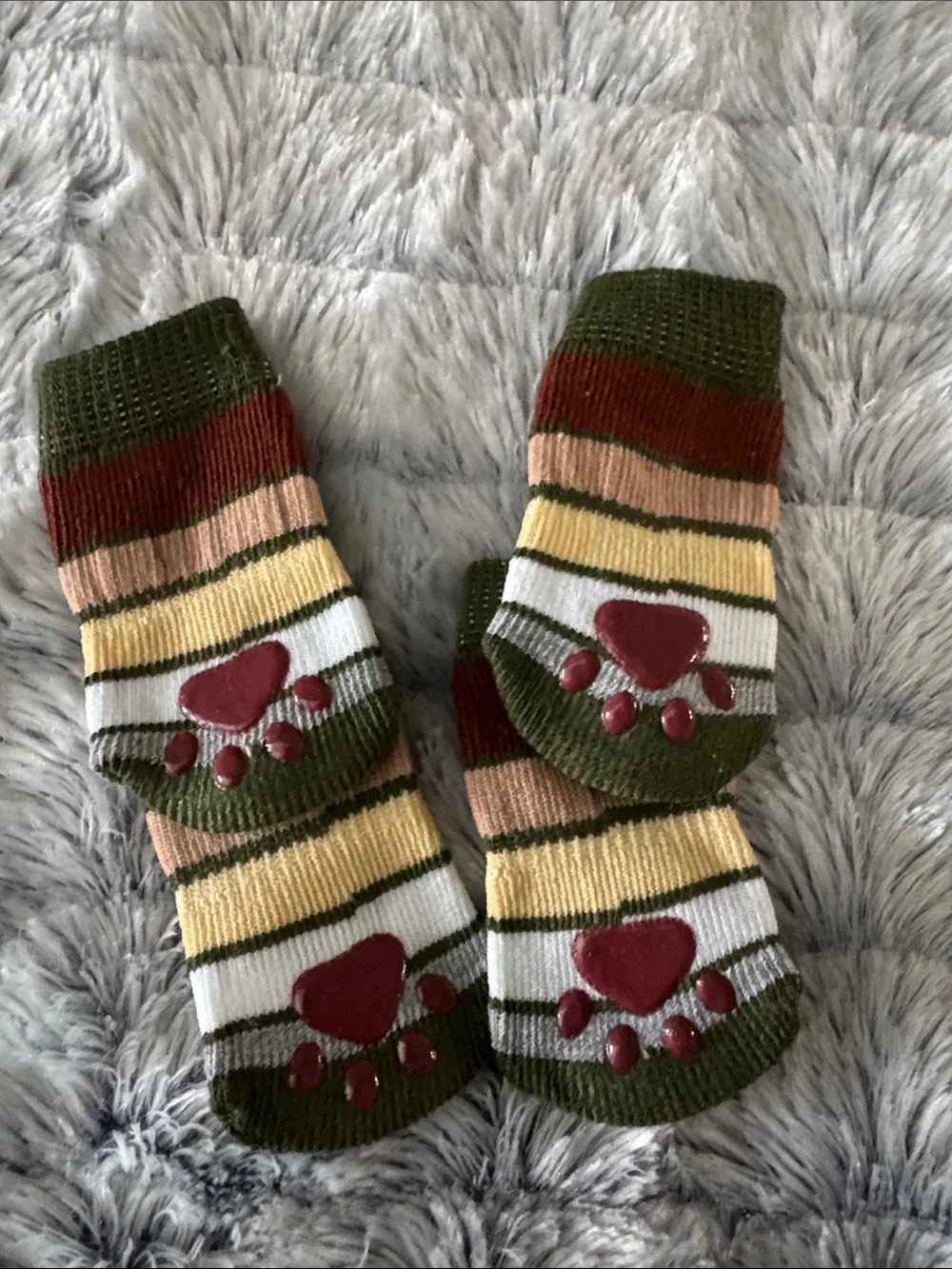 Striped Pet Grip Socks with Heart Paw Design - Olive, Yellow, Cream
